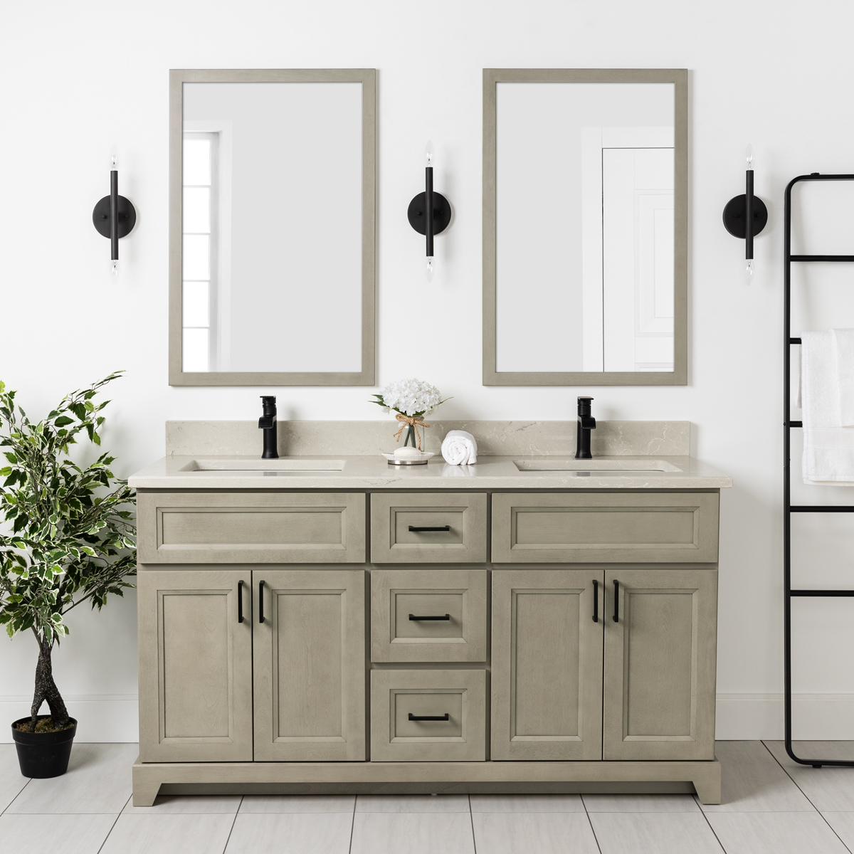 60" Double Sink Vanity with Luna Quartz Top and Black Square handles