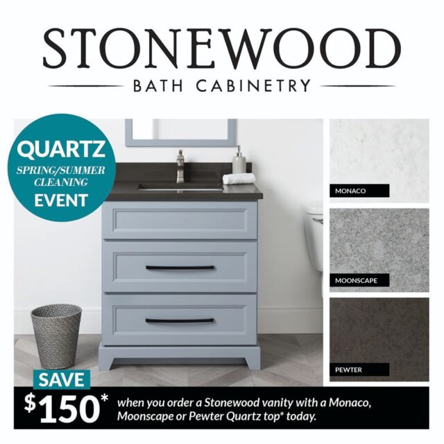 For a limited time, get $150 off your @StonewoodBath standard depth vanity when you order it with a Monaco, Moonscape, or Pewter Quartz Top! Any size or finish. Conditions apply. Click the link in our bio to find a dealer near you and take advantage of this offer!

 #stonewoodbath #bathroomremodel #bathroomremodel