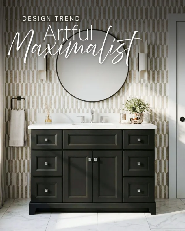 Think layered textures, bold patterns, and statement details.
This look is all about mixing finishes, embracing contrast, and creating a space that feels expressive and curated. Swipe for the flat lay & all the finishes that bring this look together.

Save this for your remodel & share with your builder/designer.

Now tell us, which detail are you drawn to: the patterned tile, the dark vanity, or the statement lighting?
.
.
.
.
#BathroomDesign #InteriorDesign #MaximalistDesign #BathroomInspo #DesignTrends #stonewoodbath