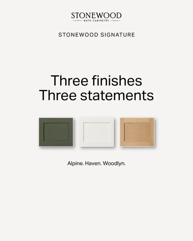 Three Stonewood finishes for your design mood board. ✨Alpine, from our Shades of Distinction Premium Painted Collection in Modern Shaker. A rich painted finish that brings serious atmosphere to any space.Haven, the soft off-white in our Painted Classic Collection, available in both Modern Shaker and Bellrose. A warmer, cozier alternative to crisp white.Woodlyn, from our Stained Classic Collection in Modern Shaker. Natural oak textures meet contemporary charm.All three are built at Comfort Height, standing 1" taller for everyday ease.➡️ Swipe through to see each new finish ✨Save this for your remodel mood board 🎨Which one is calling to you first?....#StonewoodBath #BathroomVanity #BathroomDesign #BathroomFinishes #BathroomRemodel #DesignTrend2026