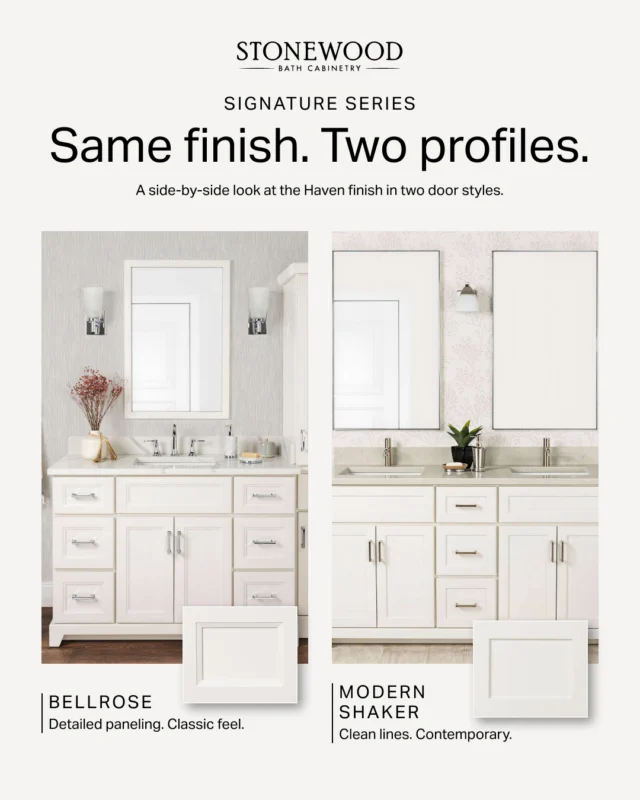 The door style of your vanity is doing more work than you think. Bellrose has a recessed center panel with a soft, linear profile. It reads traditional and warm, with just enough detailing to feel intentional. The everyday choice that ages well.Modern Shaker is the minimalist sibling. Slender frame, clean lines, no center detailing. The one designers reach for when the rest of the bathroom is doing the talking.Both are available across our painted collections (Shades of Distinction Premium Painted and Painted Classic), so you can pair the door style you love with any finish.Same finish, completely different feeling ✨💾 Save this for your designer conversation.Bellrose for the traditional touch, or Modern Shaker for the clean line? Tell us in the comments 👇 ....#StonewoodBath #BathroomVanity #BathroomDesign #DoorStyles #BathroomRemodel #InteriorDesignTips