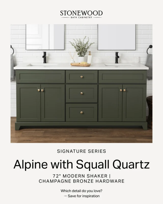 There's something about a vanity that knows exactly what it's doing. ✨This is our 72"" Alpine (Modern Shaker) with a Squall quartz top and Champagne Bronze Modern knobs. Alpine sits in our Shades of Distinction Premium Painted Collection, with a deep, atmospheric register that lets everything else in the room go quiet. Squall is the powder white quartz with a grey speckle pattern that picks up just enough light to keep the contrast soft. And Champagne Bronze is the warm metallic that finally caught up to the rest of the bathroom industry.The result: a primary bath that feels grounded, considered, and a little bit cinematic 🎞️Save this for the moody bathroom you're planning 🛁Would you live with Alpine year-round, or is it a statement piece for the right room? 🤔....#StonewoodBath #BathroomVanity #BathroomDesign #MoodyInteriors #BathroomRemodel #ChampagneBronze