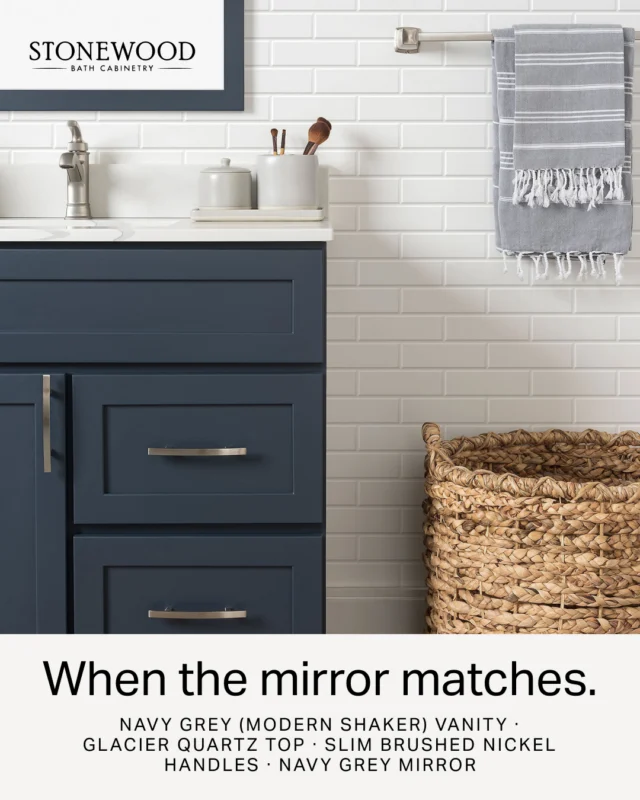 Quiet Navy 🌌🌙Think soft Navy walls, a vanity that quietly disappears into them, and the kind of crisp white veining that adds just enough drama.This is our Navy Grey (Modern Shaker) vanity with a Glacier quartz top, Slim Brushed Nickel handles, and a matching Navy Grey mirror. Glacier is our white quartz with bold, dramatic veining that earns its place in the room. The Slim Brushed Nickel keeps the lines clean, and the Navy Grey mirror pulls the whole tone-on-tone story together.The kind of bathroom that feels collected instead of styled.Save this for your design mood board 🎨Tone-on-tone Navy Grey, or would you go bigger with the contrast?...#StonewoodBath #BathroomVanity #BathroomDesign #NavyBathroom #BathroomRemodel #InteriorDesignInspo